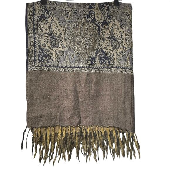 Halston Red 100% Wool Black Gray Tan Paisley Fringed Scarf Shawl Pashmina Wrap - Picture 4 of 6